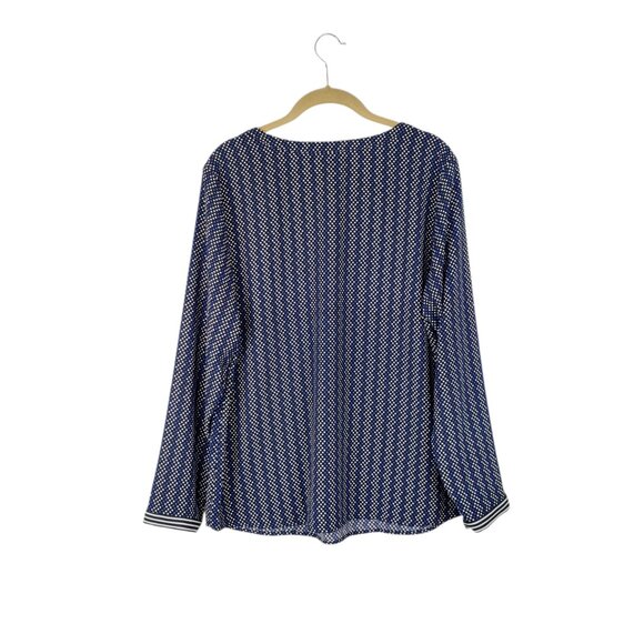 Talbots Split Neck Popover Blouse Black Blue Chevron Dot Stripe Womens Size L - Picture 2 of 6